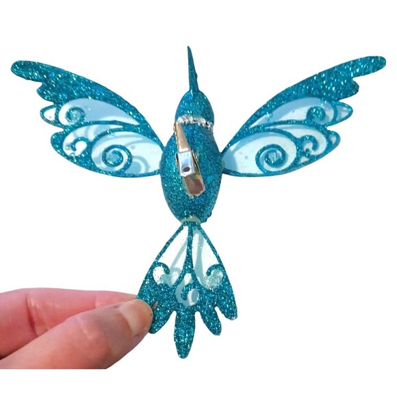 Vtg Set 4 Blue Glitter Sequin Hummingbird Clip On Christmas Ornaments Pier One - Picture 4 of 4
